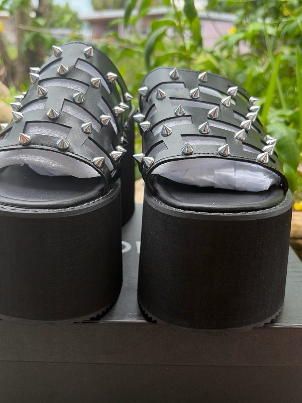 Black Spike-Embellished Platform Slide Sandals